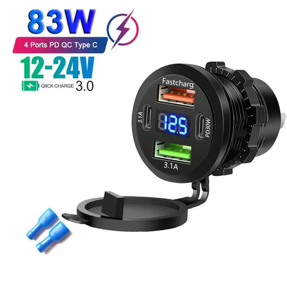 Car USB Fast Charger PD3.0 QC3.0 12/24V Socket with Voltmeter & On/Off Switch, Motorcycle Boat Auto Charging Adapter Accessory