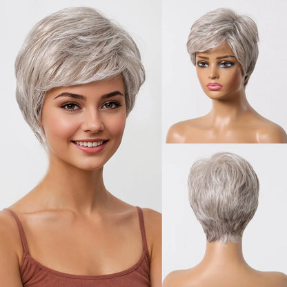 Short Pixie Cut Grey Human Hair Wig – 8 Inch Layered Fashion Wig for Women, Daily Use, Machine Made