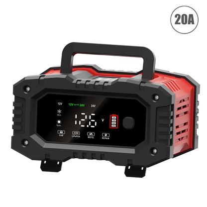 12V/24V Fully Automatic Smart Battery Charger — 7-Segment Pulse Repair for AGM, GEL, WET Lead-Acid Car Batteries