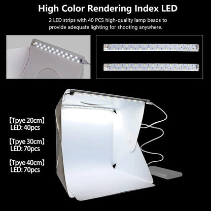 Folding Lightbox 20/30/40cm – Portable LED Softbox Photo Studio Tent with USB for DSLR Camera