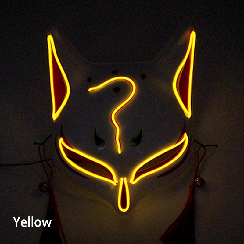 Glowing LED Fox Mask – Neon Japanese Anime-Inspired Samurai Cosplay Mask for Halloween, Christmas & Costume Parties