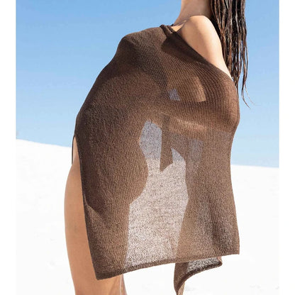Women's Knit Bikini Cover-Up - Sheer Off-Shoulder Loose Pullover with Irregular Triangle Hem