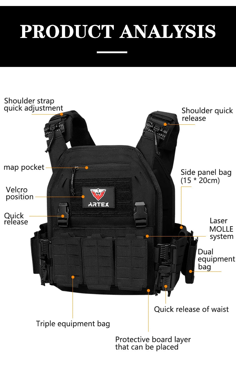 New 6094 Combat Vest – Quick Detachable Light Laser Cut Tactical Gear, Black Airsoft Carrier for Combat Equipment