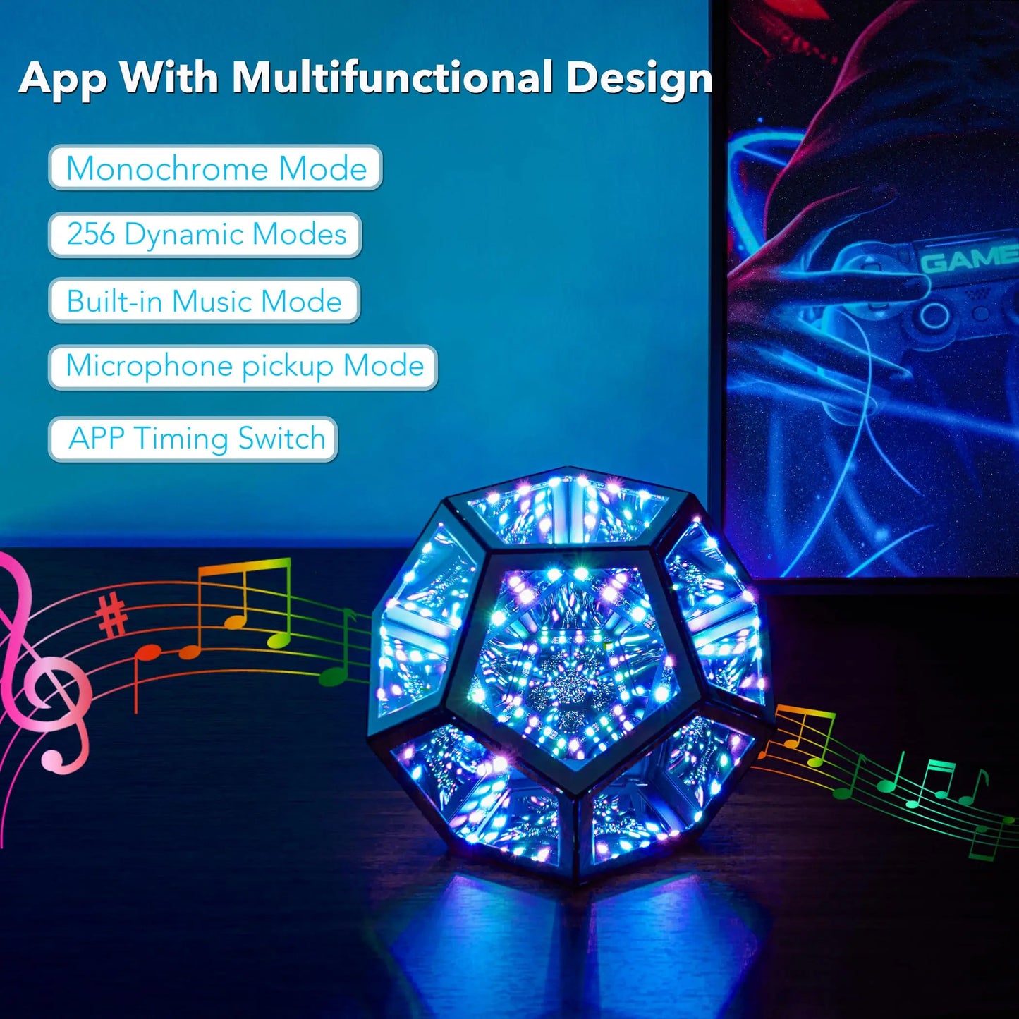 Dreamy Geometric Space LED Night Light Infinity Dodecahedron Mirror Art Lamp with Stand – Creative Color Changing Decor Gift for Christmas & Birthday