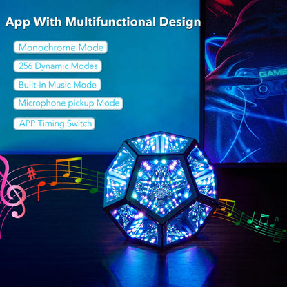 Dreamy Geometric Space LED Night Light Infinity Dodecahedron Mirror Art Lamp with Stand – Creative Color Changing Decor Gift for Christmas & Birthday