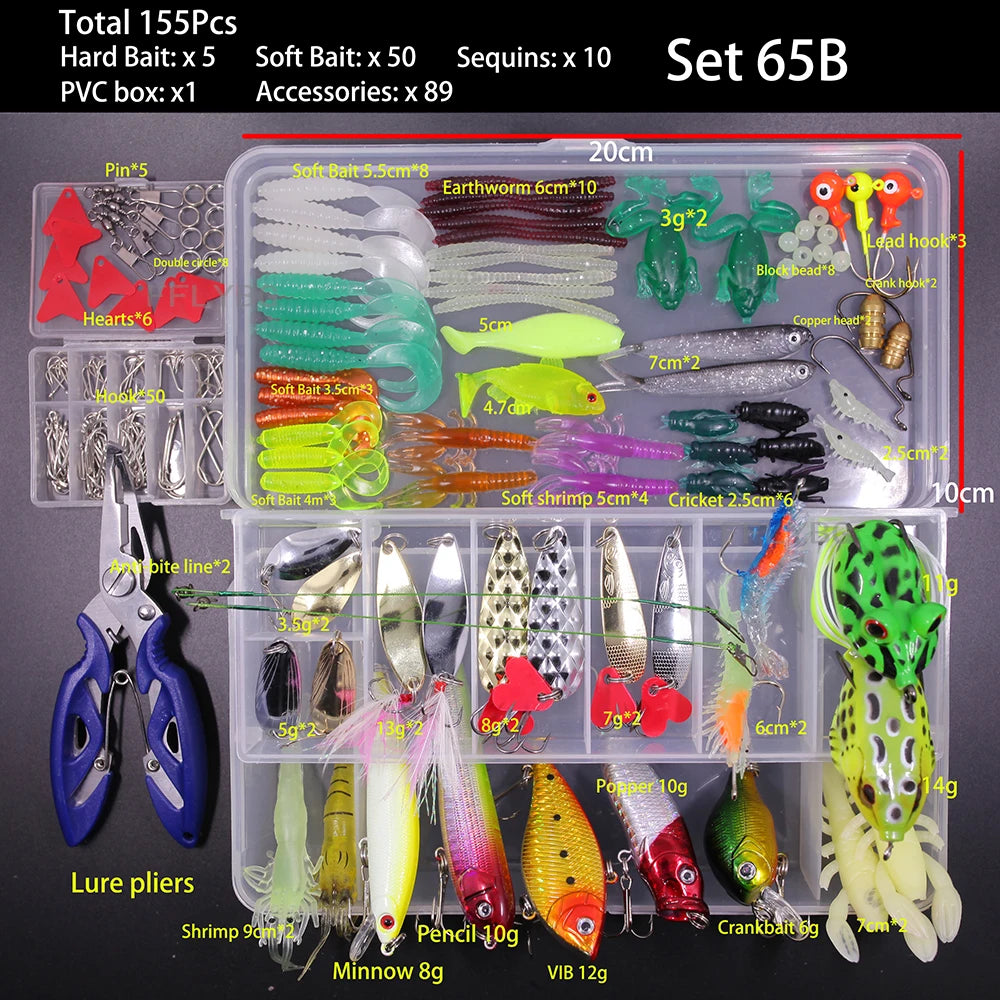 FFLYBG Mixed Fishing Lure Set with Box – Soft & Hard Bait Kit Including Minnow, Metal Jig Spoon & Crankbait for Bass and Pike Fishing Tackle Kit