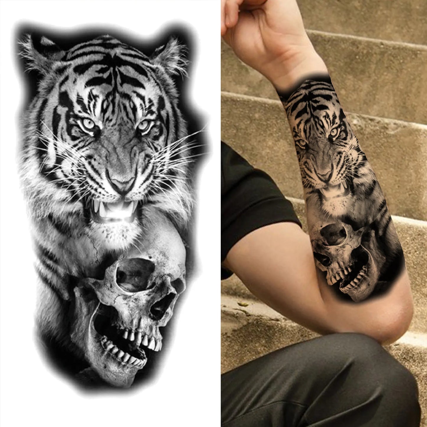Full Arm Temporary Tattoo Sleeve - Realistic Warrior Lion Tiger Flower & Maori Design Fake Tattoos