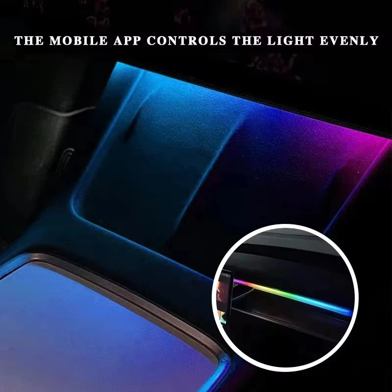 2-in-1 Dynamic Neon RGB Car LED Ambient Lighting – Auto OFF 60s Module for Tesla Model 3 & Y Dashboard Decoration