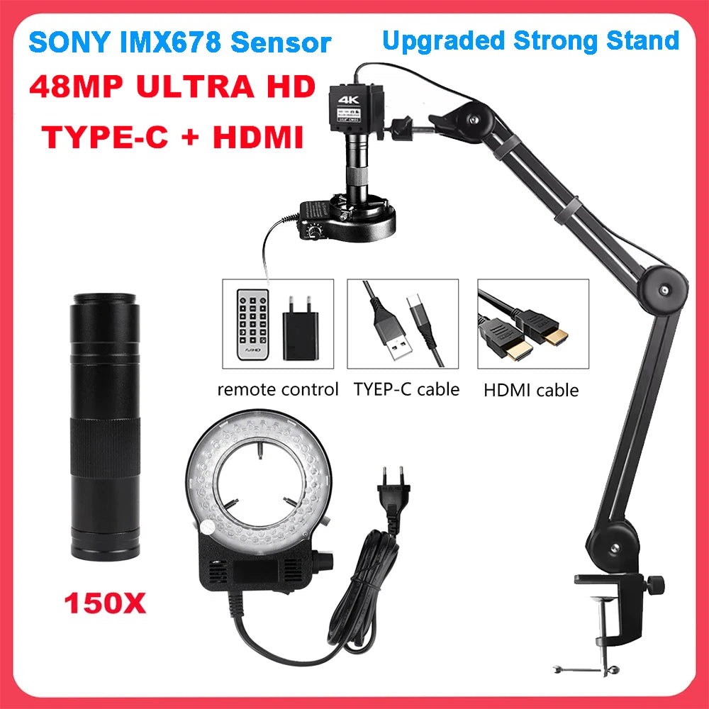 1080P 48MP 4K Digital Microscope – HDMI/USB/VGA Camera with 150X C-Mount & Articulated Arm for Repair