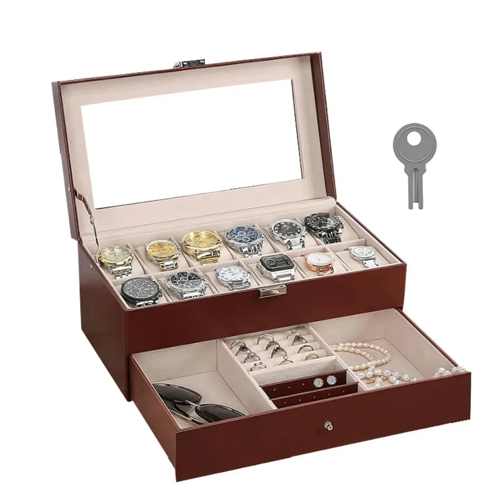 2024 12-Slot Leather Watch Storage Box — Lockable 2-Tier Organizer & Jewelry Display Drawer for Men & Women