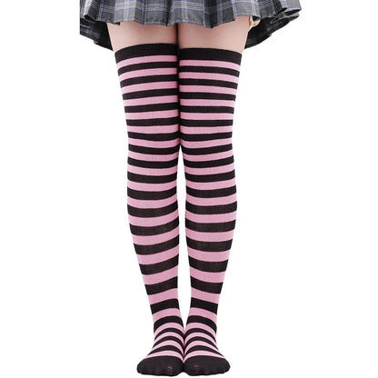 Color Striped Japanese Over-Knee Socks – Fashionable Slim Fit Black & White Stockings for Women