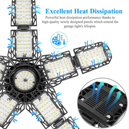 LED Garage Lights: 10 Adjustable Panels E26/E27 Ceiling Shop Work Lamp - 80W 150W 6500K Bulb for Industrial Workshop Lighting