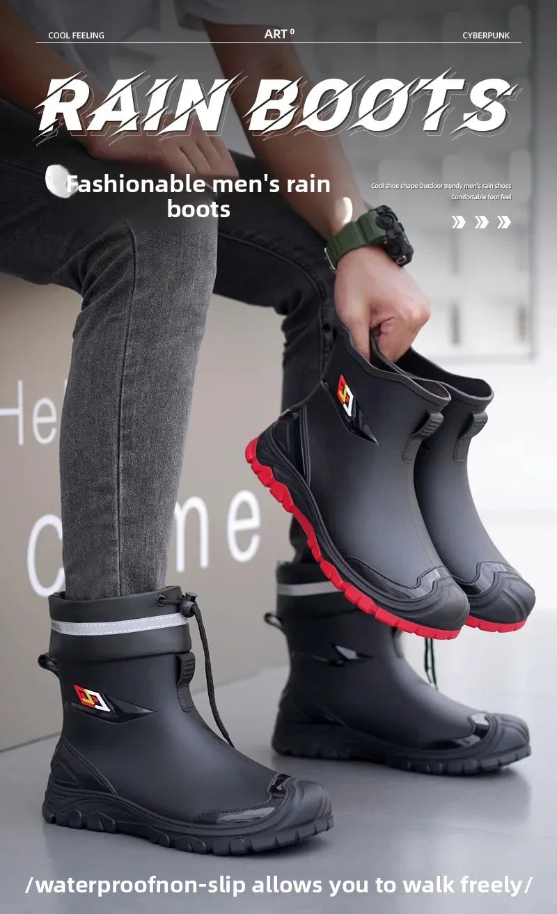 Men’s Ankle-High Fleece-Lined Rain Boots – Waterproof, Anti-Slip, Wear-Resistant Work & Fishing Shoes