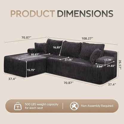 Modular L-Shaped 3-Seat Sectional Sofa — Memory Foam, Deep Seating & Storage