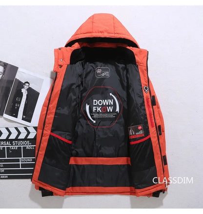 Men's Winter Hooded Puffer Jacket – White Duck Down Coat, Windproof & Warm Outdoor Parka, Size 5