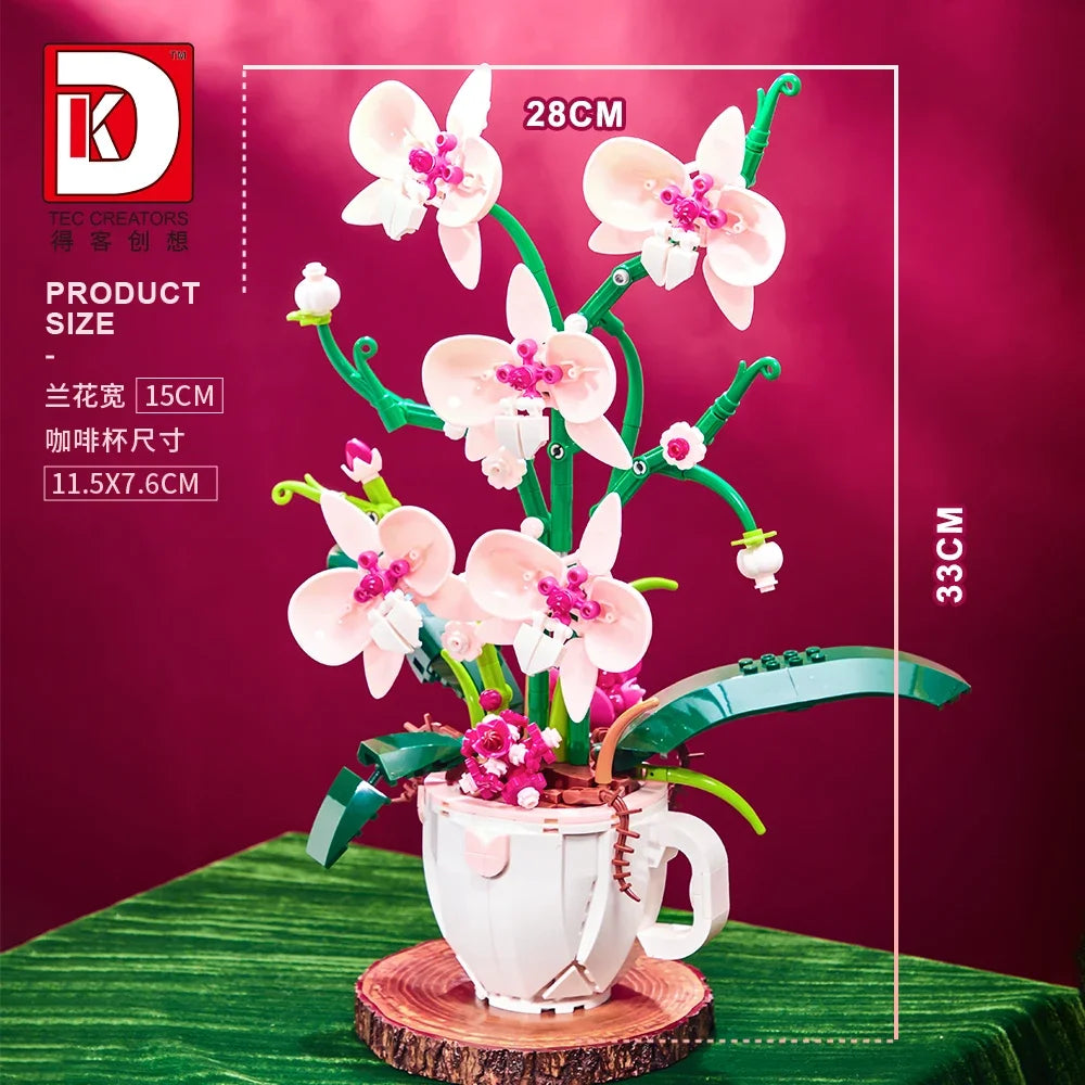 MOC Building Blocks Orchid Flower Bouquet – DIY Bonsai Plant Model for Home Decor & Kids Gift