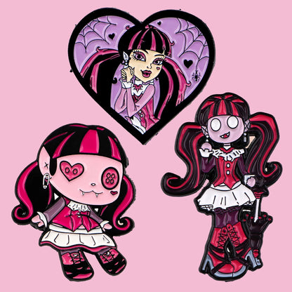 3-Piece Manga Girl Enamel Pin Set - Pink and Purple Metal Brooches for Backpacks, Collars, Lapels, and Collectors’ Gifts