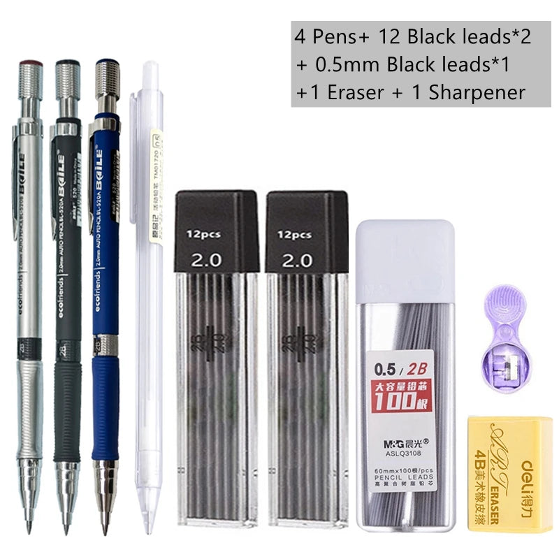 Mechanical Pencil Set 2.0mm – Automatic Pencil with 2B Black & Colored Lead Refills for Writing, Sketching, & Art Drawing