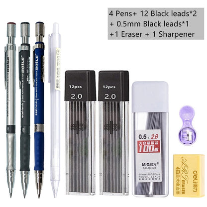 Mechanical Pencil Set 2.0mm – Automatic Pencil with 2B Black & Colored Lead Refills for Writing, Sketching, & Art Drawing