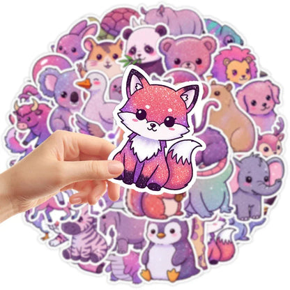 50-Piece Kawaii Animal Sticker Set - Glittery Cartoon, Rainbow, and Starry Sky Waterproof Vinyl Decals for Laptops and Water Bottles