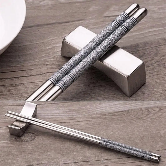 Blue and White Print Steel Chopsticks - Durable Kitchen Tableware for Food Enjoyment