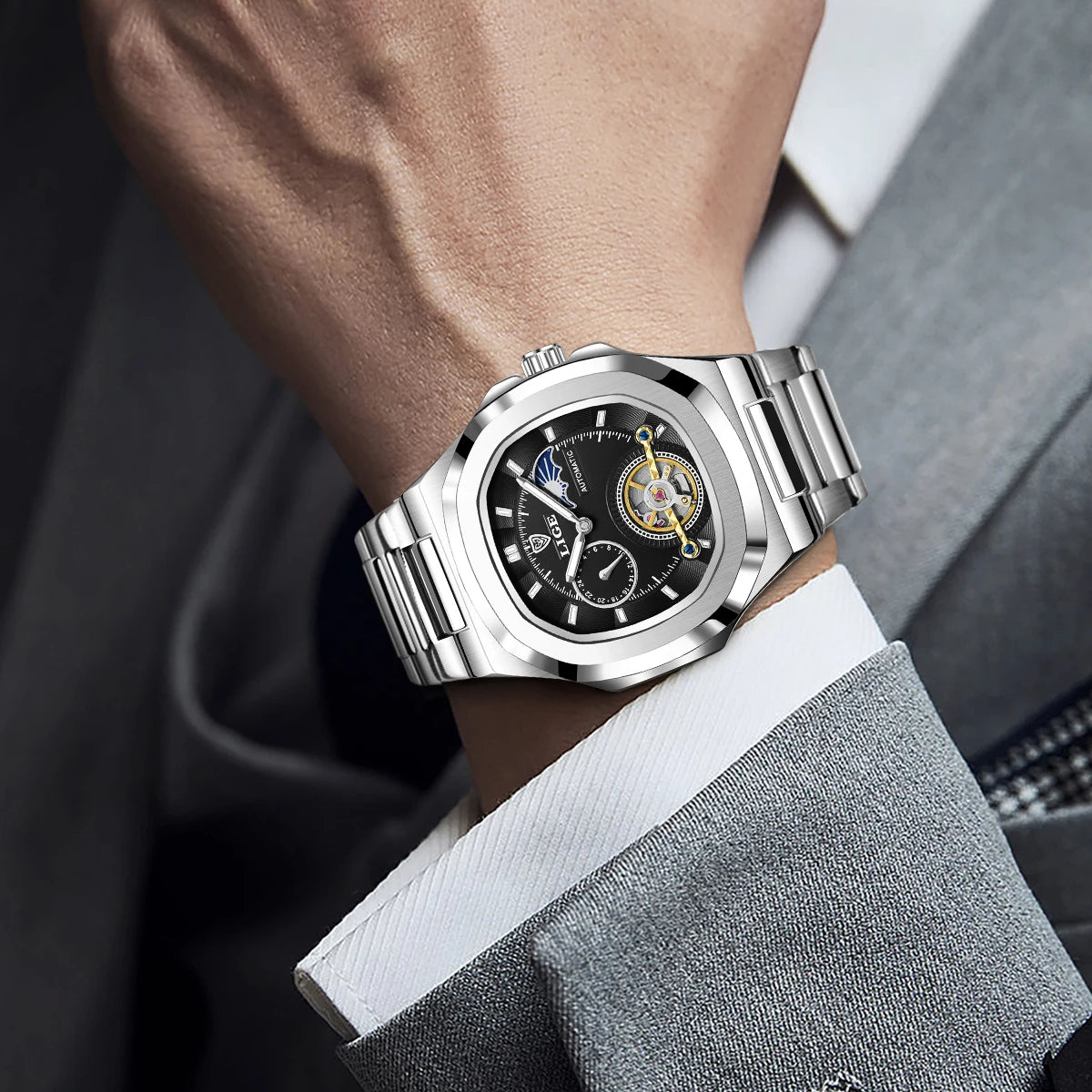 LIGE Dual Seconds Tourbillon Watch – Men's Stainless Steel Mechanical Timepiece, 24H, Night Glow, Waterproof