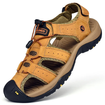 CLOHOO Men's Leather Sandals - Handmade Thick Sole Breathable Slip-On Beach Shoes
