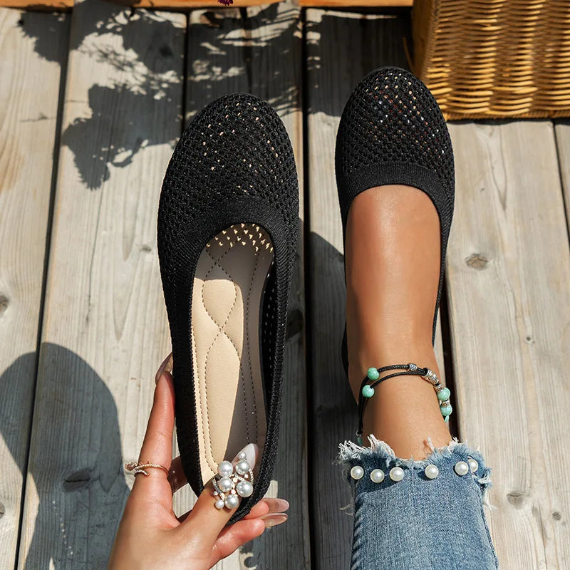 Women’s Round Toe Flat Shoes – Solid Color Knitted Slip-On Ballet Flats, Casual & Breathable Loafers