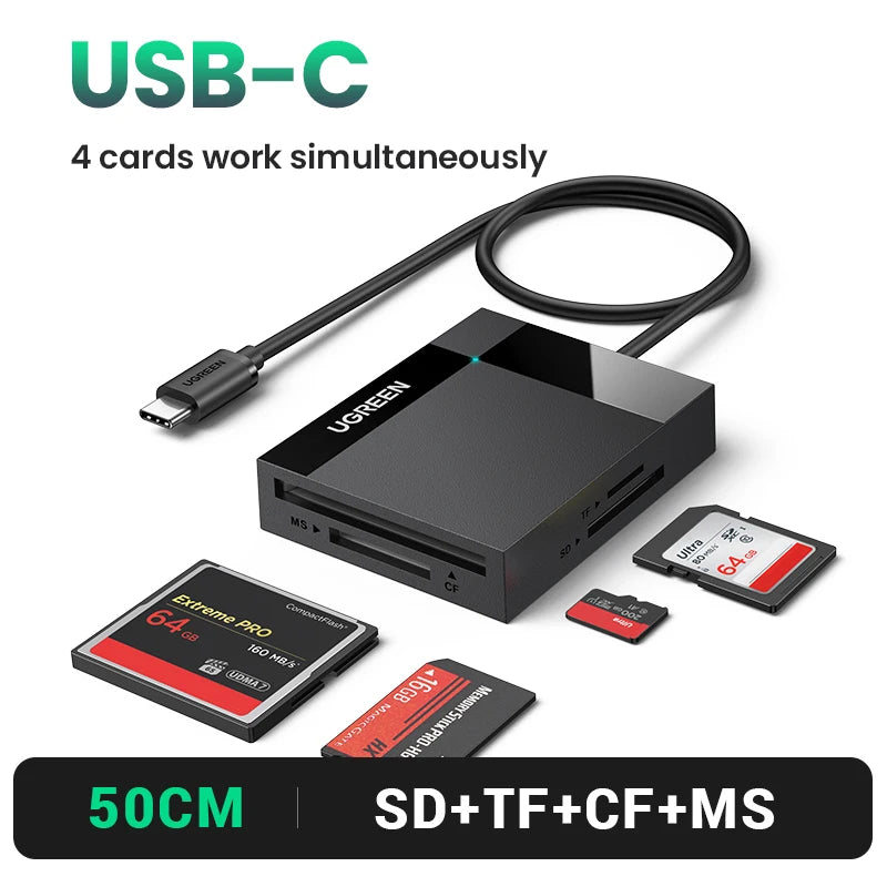 UGREEN 4-in-1 USB 3.0/USB-C Card Reader – SD, Micro SD, TF, CF, MS OTG Adapter for Laptop & PC