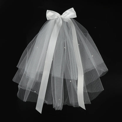 White Tulle Bow Veil Hairpin with Pearls – Elegant Bridal & Bachelorette Hair Clip for Weddings, Parties, and Gifts
