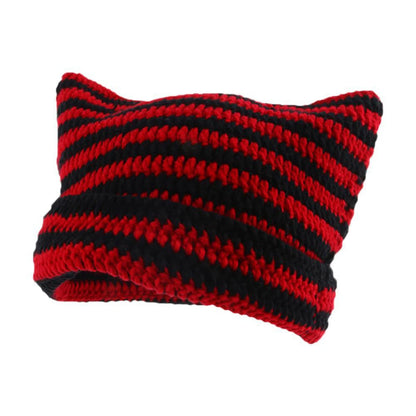 Stay Trendy and Warm: Cute Cat Ears Beanie Hats for Women - Winter Striped Korean Punk Gothic Y2K Wool Knitted Streetwear Bucket Cap, Handmade Crochet Design