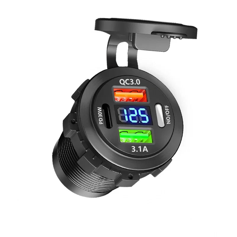 Car USB Fast Charger PD3.0 QC3.0 12/24V Socket with Voltmeter & On/Off Switch, Motorcycle Boat Auto Charging Adapter Accessory