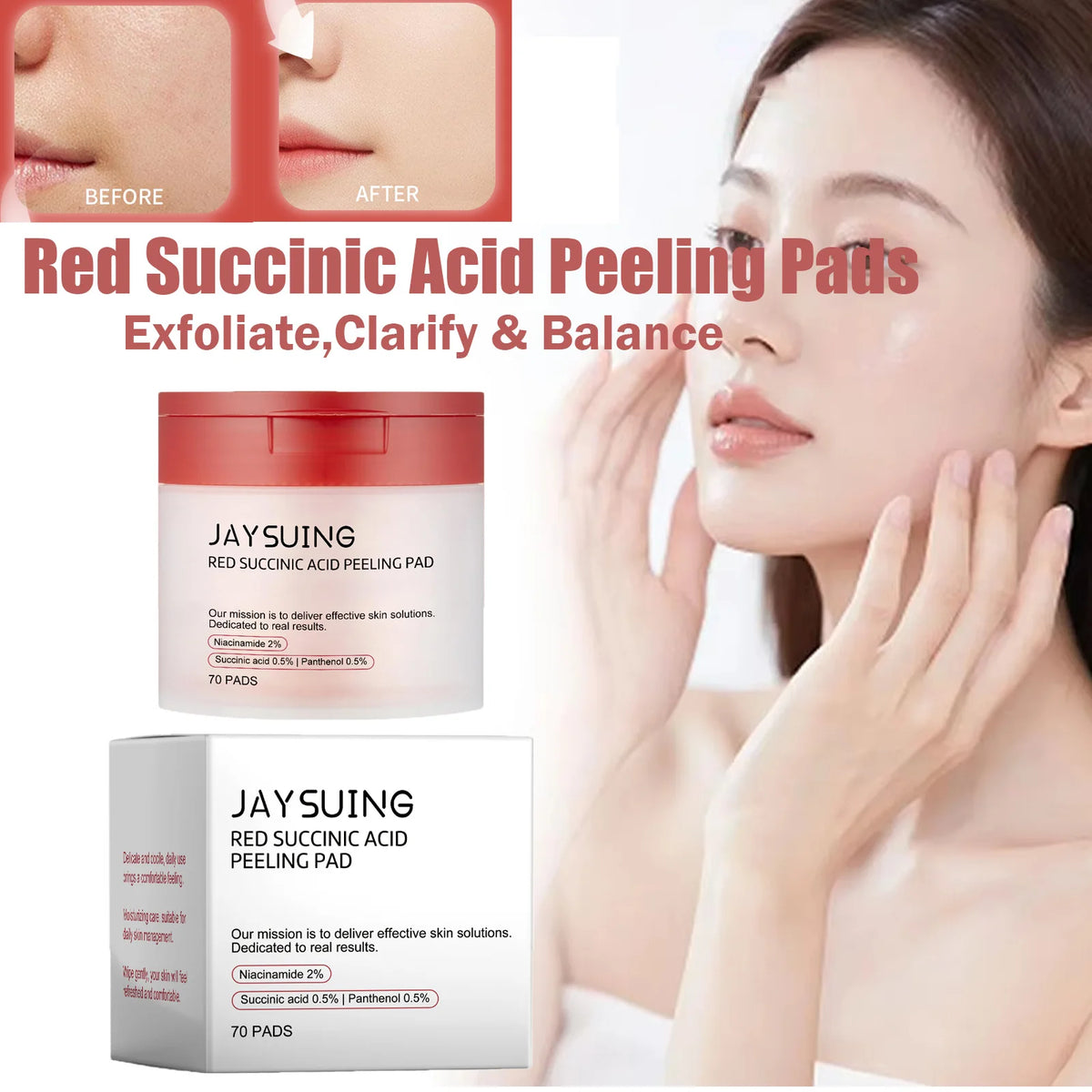 70-Piece Red Succinic Acid Peeling Pads - Gentle Exfoliating & Moisturizing Facial Pads with Panthenol