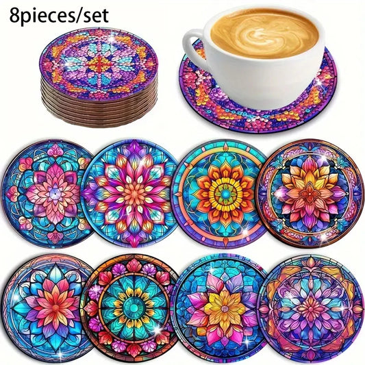 8-Piece DIY Diamond Painted Coasters Set – Mandala Pattern with Complimentary Cup Holder