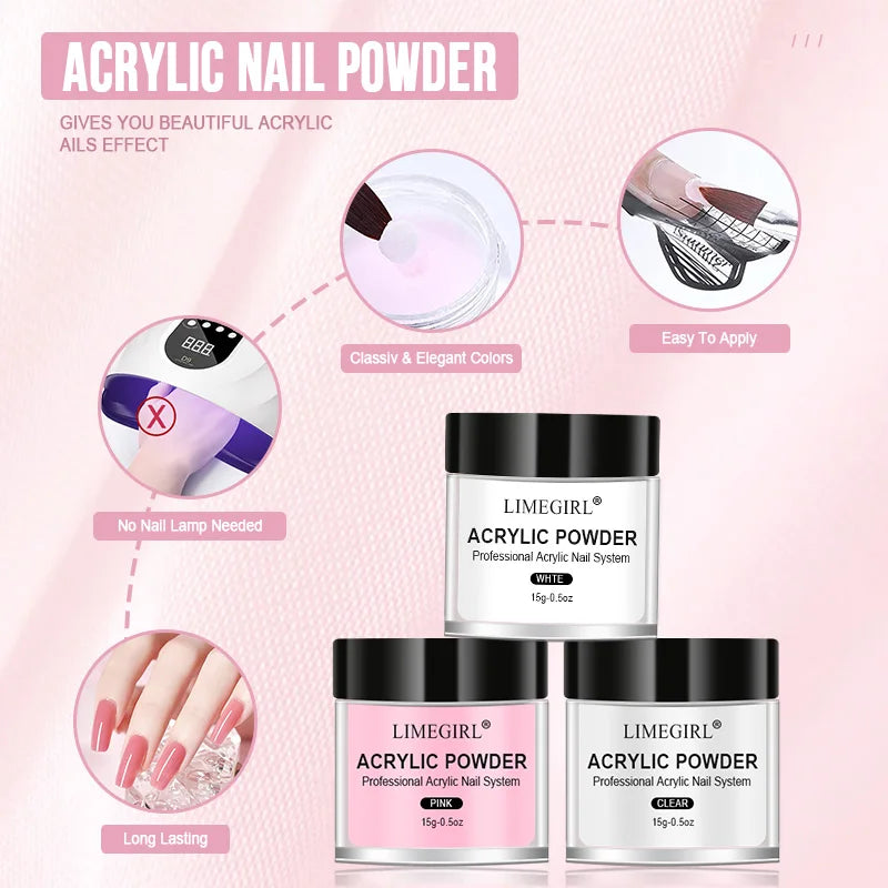 40ml Crystal Liquid & 45ml Acrylic Powder Set – Pink, White, Transparent Acrylic Powder Kit for Beginners Nail Art