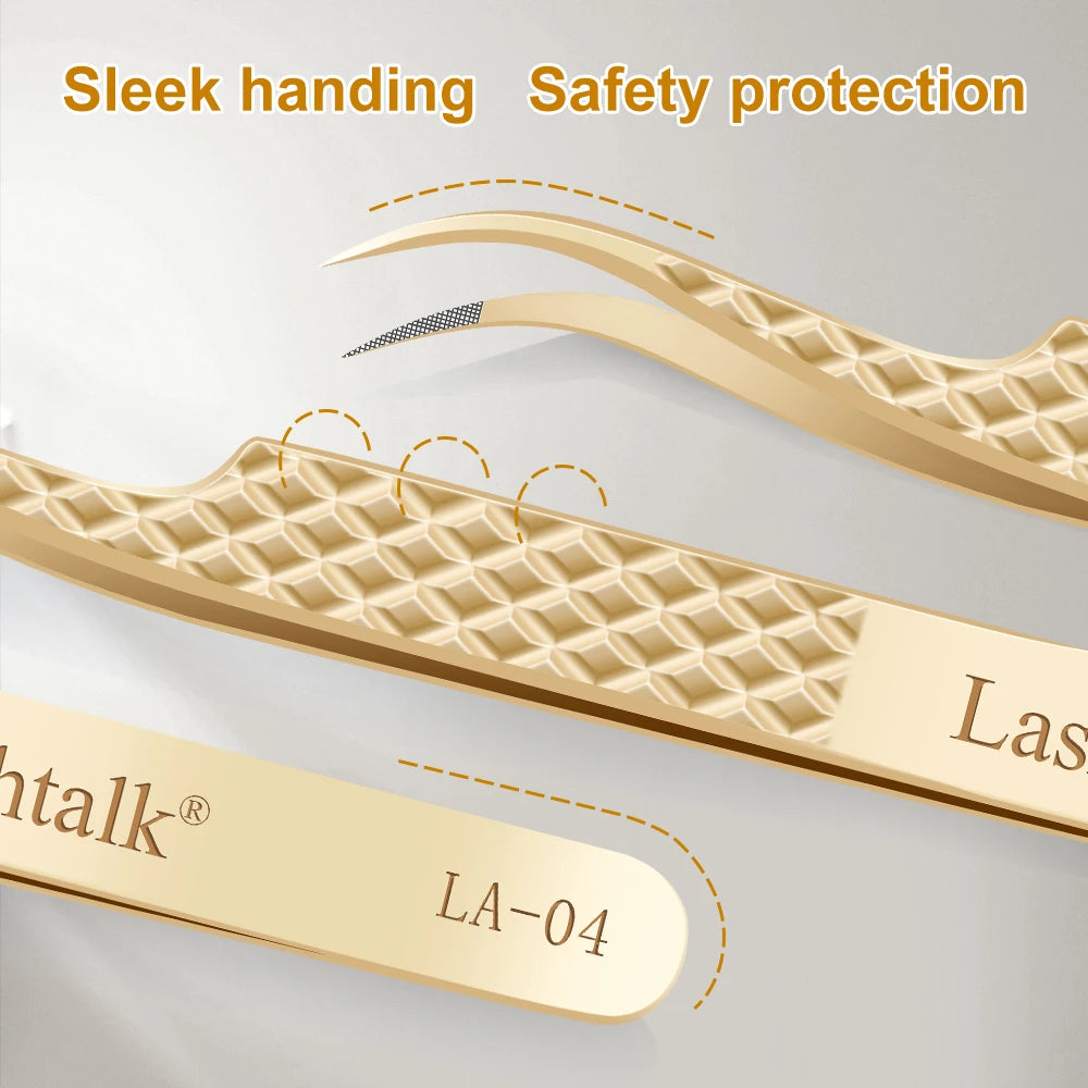 Lashtalk Precision Fiber Tip Tweezer - Diamond Grip Anti-Slip Gold Stainless Steel for Eyelash Extensions Makeup by Nagaraku