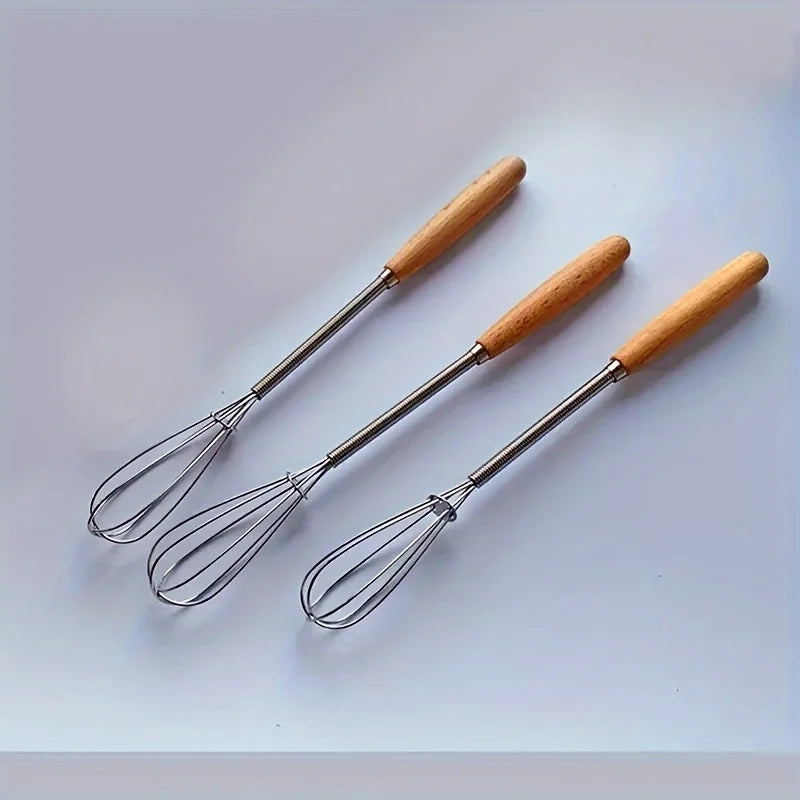 Mini Stainless Steel Whisk — Egg Beater and Milk Frother with Solid Wood Handle for Blending and Beating