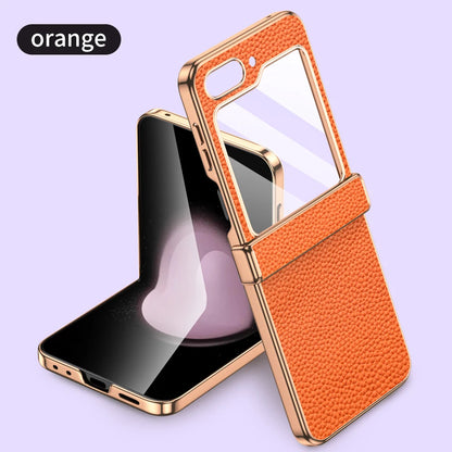 Cowhide Leather Samsung Galaxy Z Flip Case — Luxury Hinge Protection Cover with Tempered Glass for Flip 5/6/7