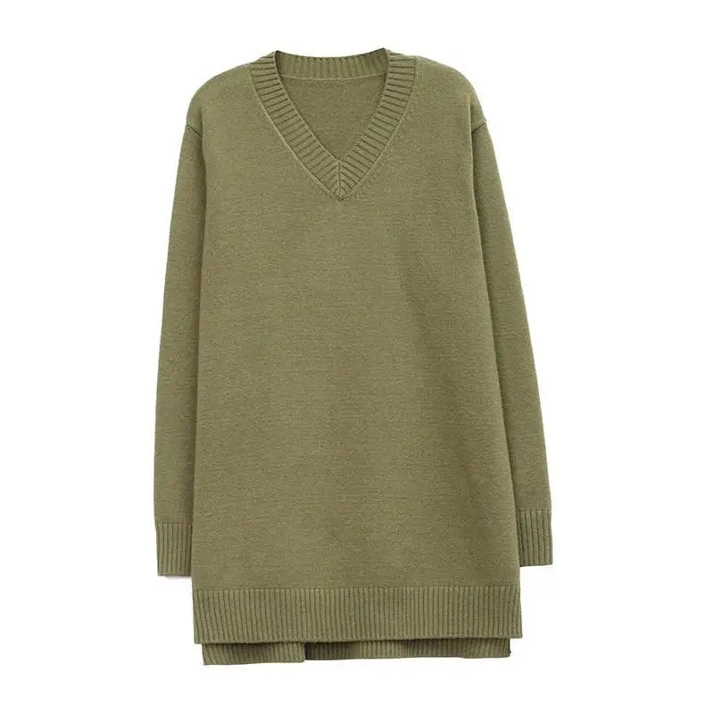 Plus Size 6XL 150kg Women's Winter V-Neck Knitted Sweater – Long Sleeve, Solid Color, Split Design
