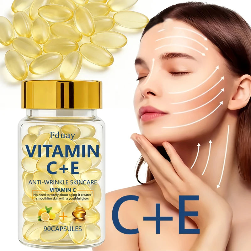 Vitamin C & E Essence Capsules – 90-Piece Collagen Moisturizing Facial Serum for Skin Nourishment, Hydration & Radiance