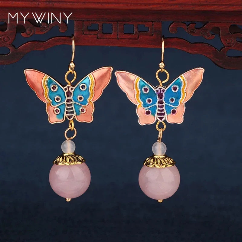 Vintage Flower Drop Earrings - Natural Stone Ethnic Jewelry for Women