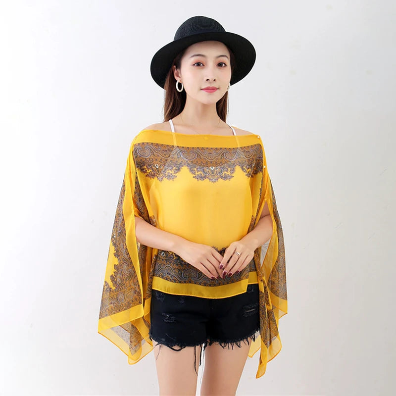 Women’s Summer Beach Shawl – Loose Chiffon Bikini Cover-Up Blouse with Buttons Sun Protection Scarf