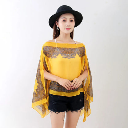 Women’s Summer Beach Shawl – Loose Chiffon Bikini Cover-Up Blouse with Buttons Sun Protection Scarf