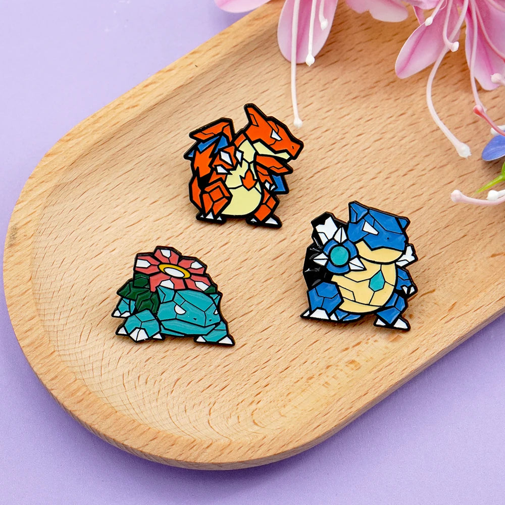 3-Piece Anime Monster Enamel Pin Set - Charizard, Blastoise, and Venusaur Brooch Badges for Backpacks, Lapels, Friends, and Collectors