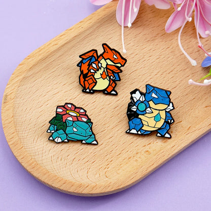 3-Piece Anime Monster Enamel Pin Set - Charizard, Blastoise, and Venusaur Brooch Badges for Backpacks, Lapels, Friends, and Collectors