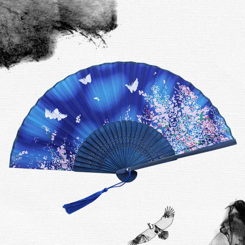 Bamboo Folding Fan with Silk — Chinese & Japanese Style Handheld Fan, Antique Art Craft for Summer Dance, Home Decor & Party