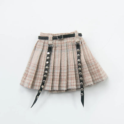 Blythe Doll Clothes Plaid Pleated Skirt & Off-Shoulder Top Tulle Dress Set — Ruffle Skirt for Licca, Azone, OB22, YMY Doll Accessories