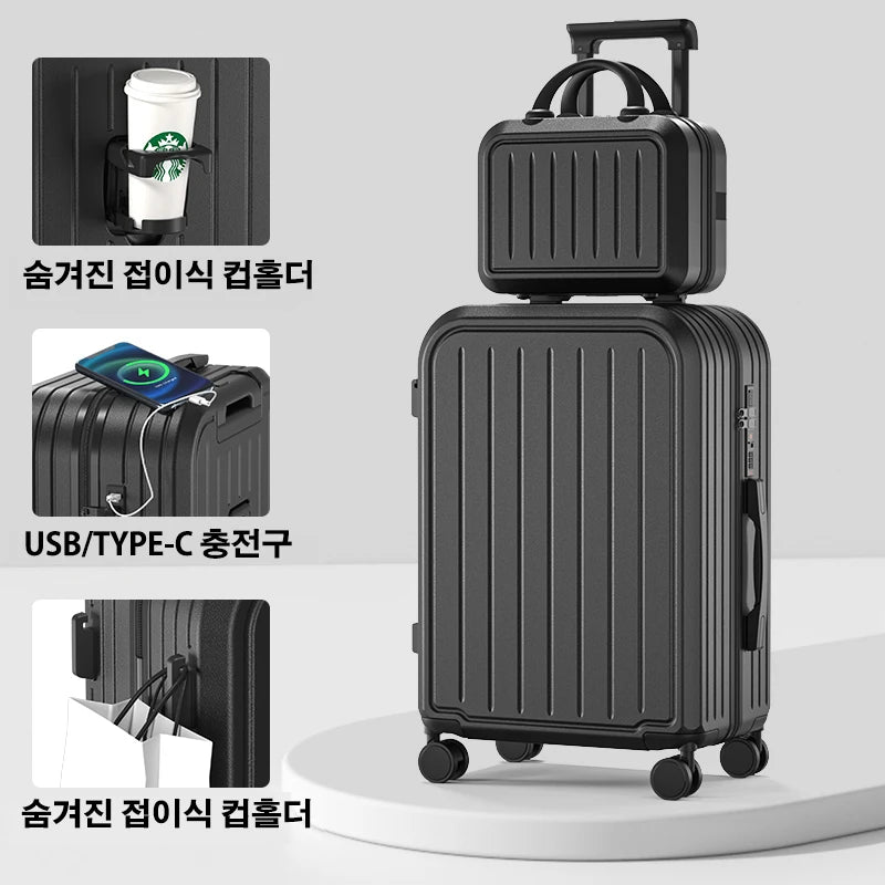 Large Capacity Trolley Suitcase – 20/22/24/26/28" Travel Luggage with Cup Holder for Business & Leisure