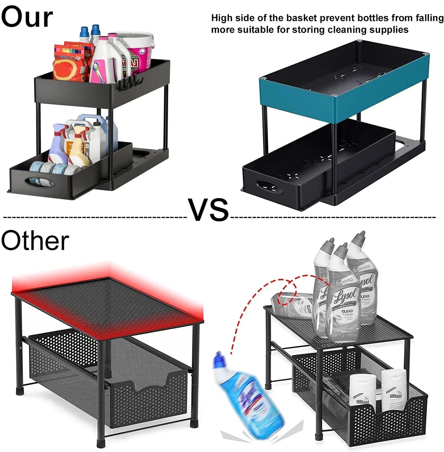 2-Tier Under Sink Sliding Organizer — Cabinet Basket Storage Rack with Hooks for Bathroom & Kitchen Cups