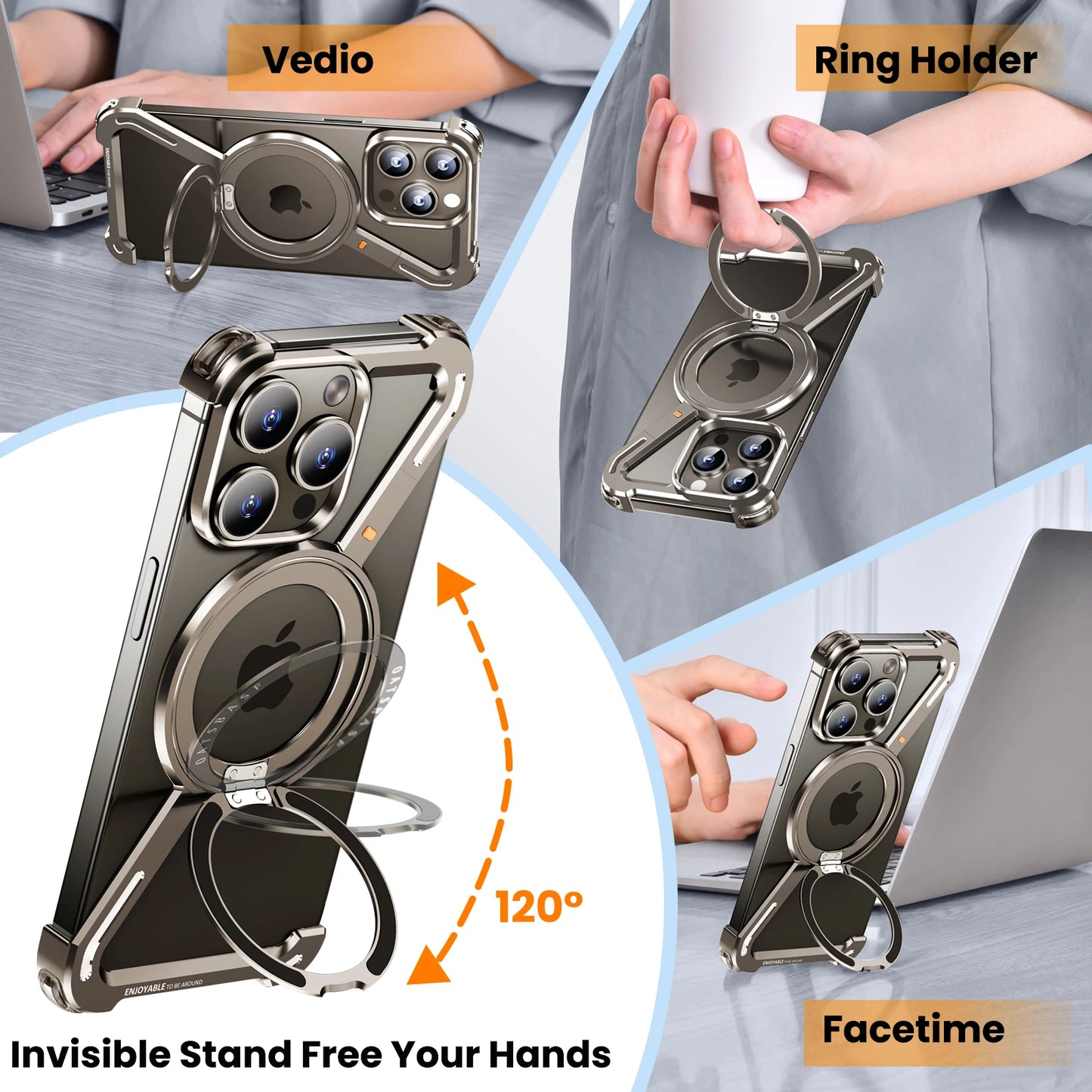 Oatsbasf Z-Shape Metal Phone Case for iPhone 15/16 Pro Max | Shockproof Cover with 360° Rotating Holder